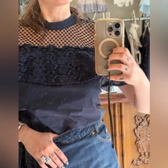 Self-Portrait Navy Lace Blouse - Picture 6 of 9